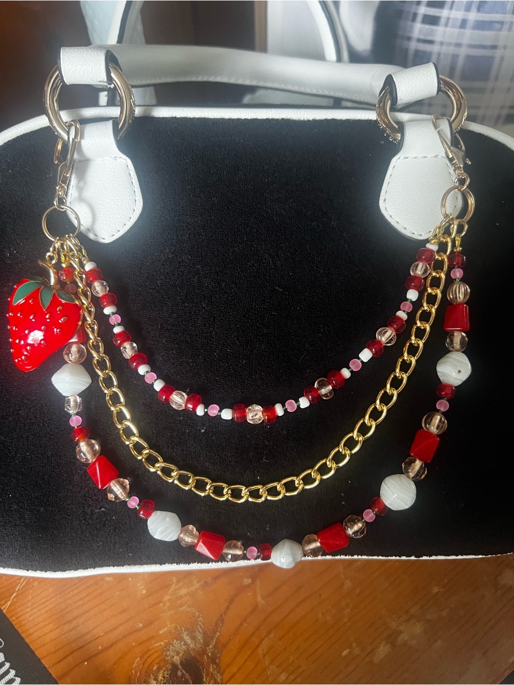 Red Strawberry Charm Beaded Purse Chain with Gold Link Accent
